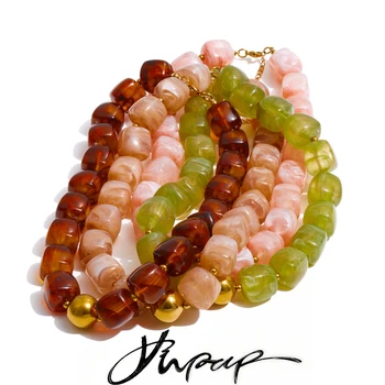 Yhpup Acrylic Square Beads Chain Necklace Bracelet Bangle Stainless Steel Handmade Jewelry Waterproof Green Khaki Pink Amber 1
