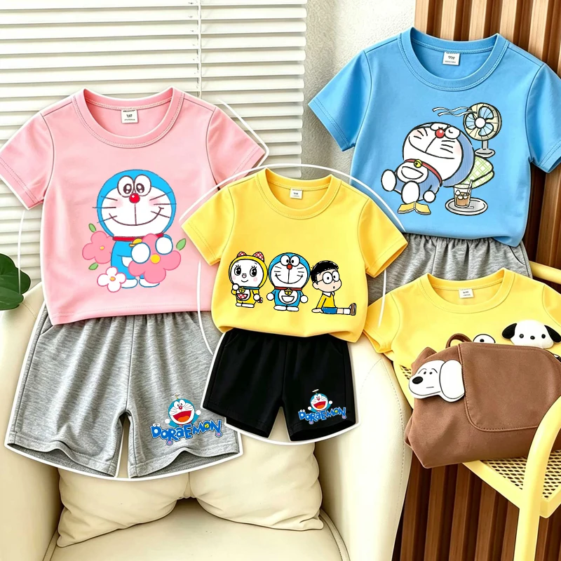 Children's Cartoon T-Shirt & Shorts Set - Anime Character Print Summer Casual Clothing