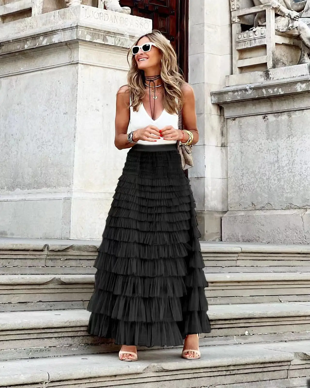 2024 New Casual Womens Solid Ball Gown Long Skirt Tulle High Waist Pleated Elegant Ladies Wild Mesh Dating Maxi Skirts Drop 6