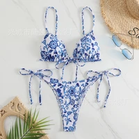 2025 New Small Fresh Floral Women's Sexy Lace-up Bikini Beach Triangle Split Swimsuit
