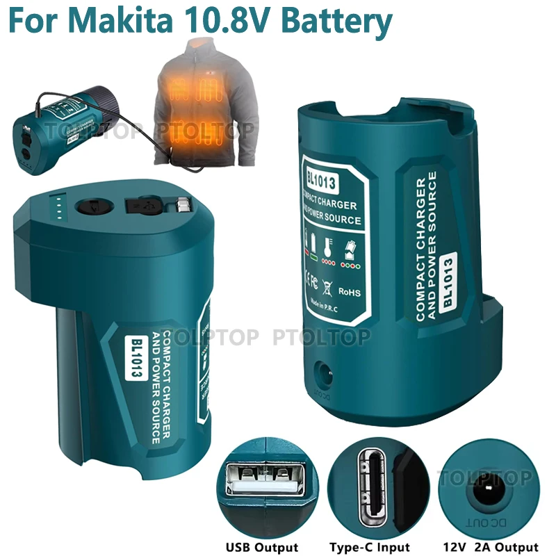 USB Power Source Adapter For Makita 12V Batteries - Converts BL1013 BL1014 To 5V USB & 12V DC Output For Charging & Heated Gear (Adapter Only)