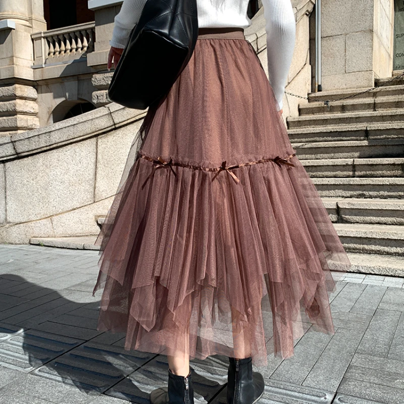 

Autumn Winter New Tulle Skirts Women A-line Mesh Flowing Draping Feeling Slim Pleated Streetwear Skirt Y2K