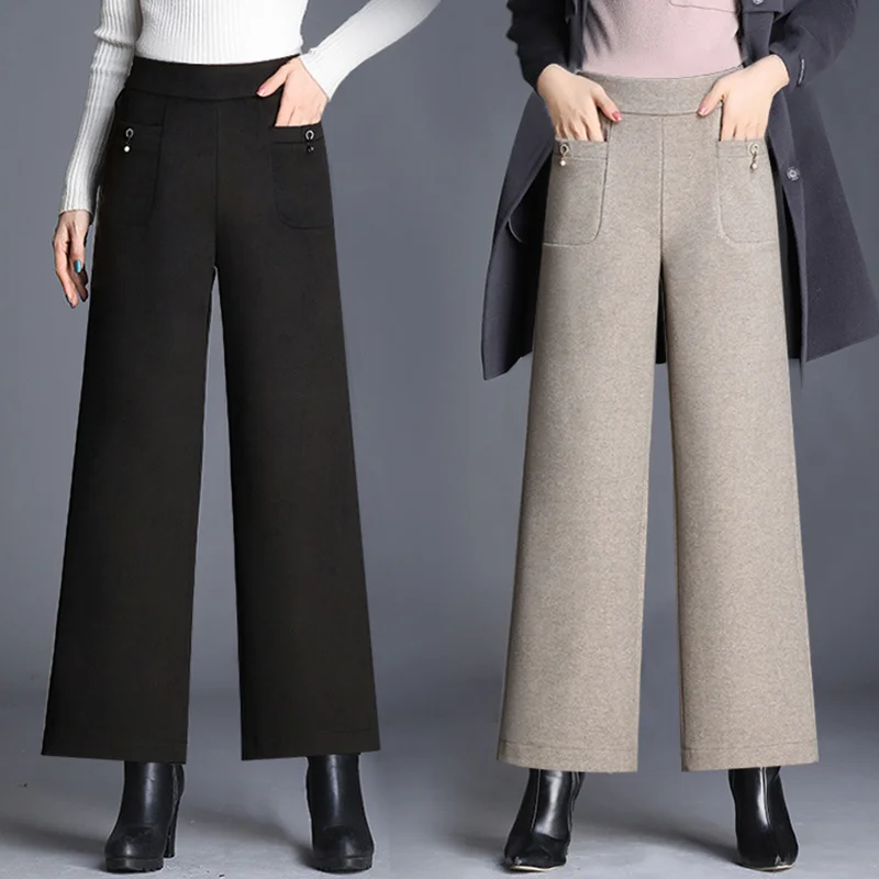 Autumn Winter Woolden Wide Leg Pants Women Solid Colors High Waist Baggy Trousers Casual Korean Big Size Loose Ankle-Length Pant