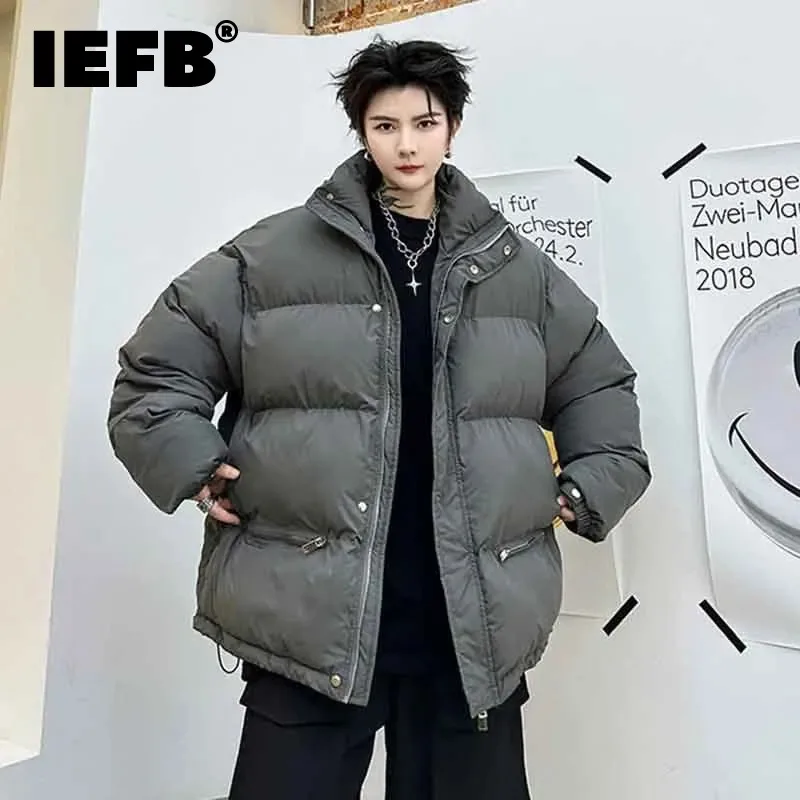 

IEFB Fashion Men's Winter Stand Neck Cotton Clothing Zip Drawstring Niche Design Loose Thickened Keep Warm Padded Jackets 9C2870