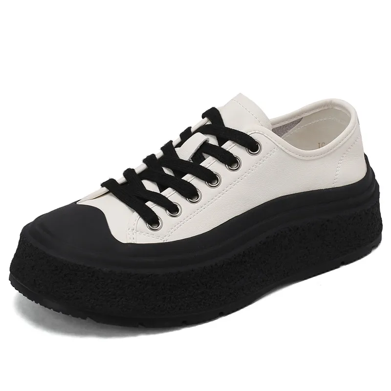 

Elegant Fashion Sexy Thick Sole Women Canvas Shoes Round Toe Breathable Simple Genuine Leather Low Top Lace up Small White Shoes