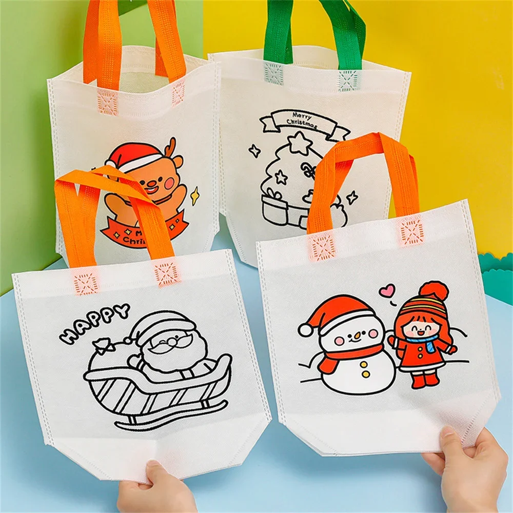 Cartoon Christmas Diy Graffiti Bag Handmade Painting Non-Woven Bags for Children Arts Crafts Color Filling Handbag Xmas Gift gift bags christmas gift bags