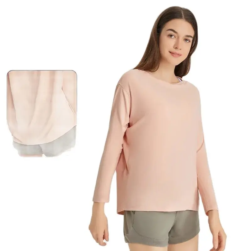 Solid color soft Fitness Women's Shirt Yoga Long Sleeve Female Sport Top Gym Loose vertical hem at back Comprehensive training