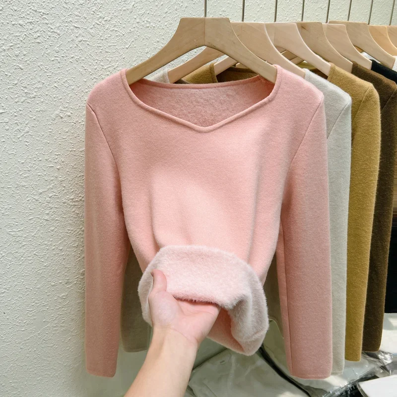 

Casual V-neck Fleece Thick Knitwear Fashion Warm Velvet Sweater Women 2023 Autumn Winter Office-lady Long Sleeve New Tops 29779