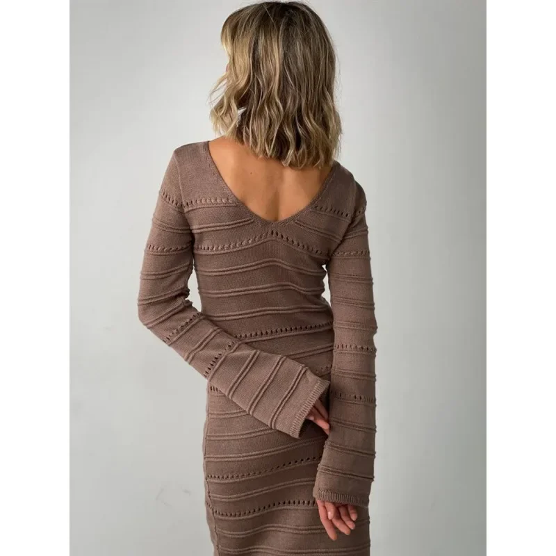 Striped Hollow Two-Wear Knitted Long Dress For Women Fashion Party Club Sweater Dress Vestido FemaleSlim Solid Outfits