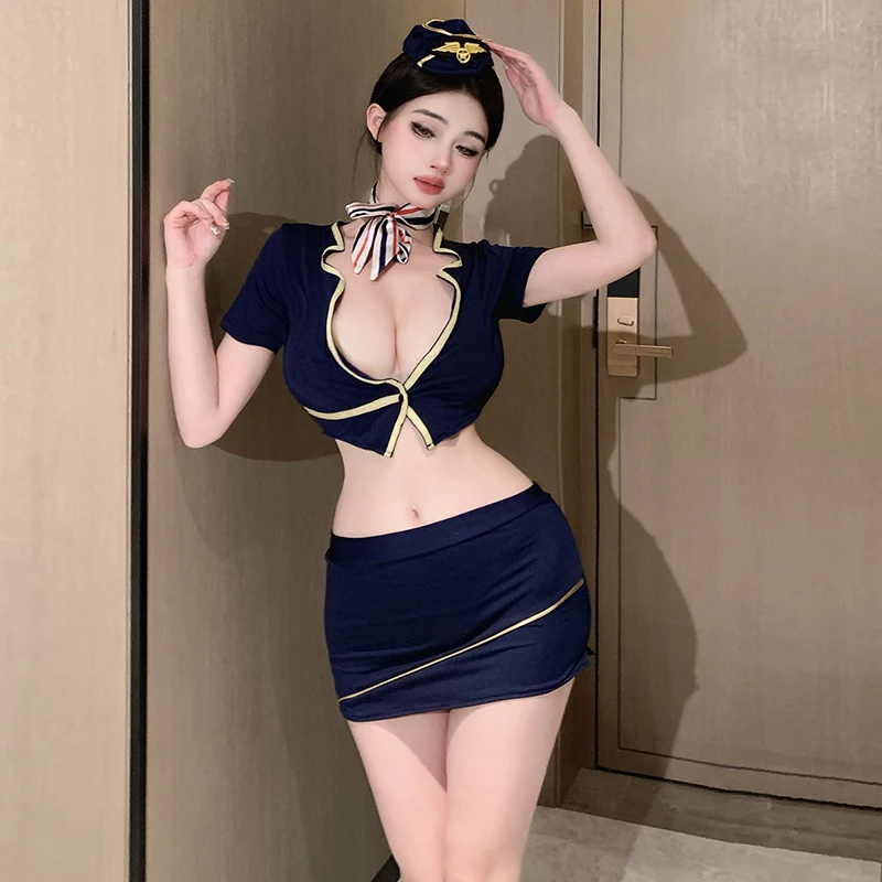 Women Lingerie Women Lingerie Set Women Cosplay Costume Sexy Airline Stewardess Office Secretary Cosplay Costumes Lingerie Uniform Open Chest Top with Mini Skirt Hot Police Temptation