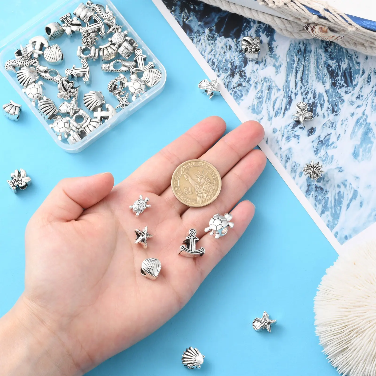 60Pcs 12 Styles Tibetan European Beads Antique Silver Tortoise Shell Starfish Space Beads with Large Hole for Jewelry Making DIY