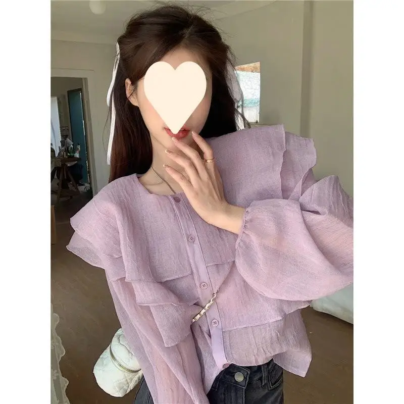 Chic Design Purple White Chiffon Shirt for Women Spring 2023 New French Style Ruffled Lantern Sleeves Top