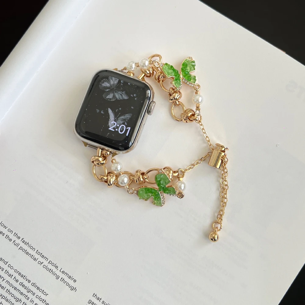Elegant Diamond Butterfly Strap with Pearls