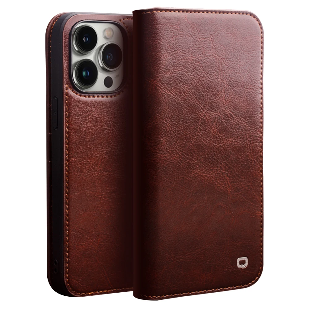 QIALINO Luxury Ultra Slim Handmade Case for iPhone 14 Pro Max Genuine Leather Wallet Card Slot Bag Flip Cover for iPhone 14 Plus