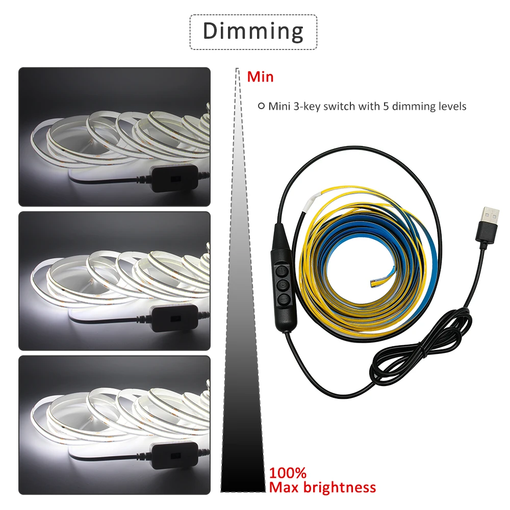 5V USB COB LED 스트립 라이트 320Leds/M 디밍 스위치 포함 따뜻한 자연 백색 3000K 4500K 6500K 유연한 라이트 벨트 홈 데코용