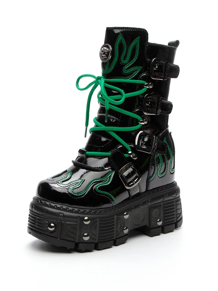 Fashion Women Motorcycle Boots Rivet Metal Chain Buckle Belt Short Equestrian Round Toe Mid-calf Boots Lady Platform Chunky Boot