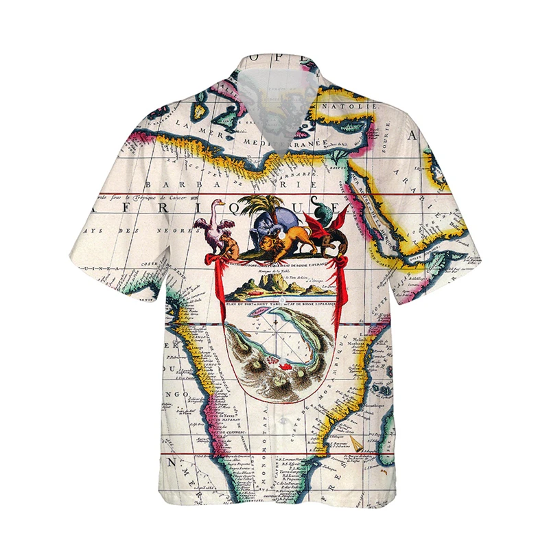 thumbnail image 1 of Camisa de moda para hombre con estampado 3D de mapa y brújula, solapa con botones, manga corta, diseño personalizado, camisetas cómodas, 1 of 4