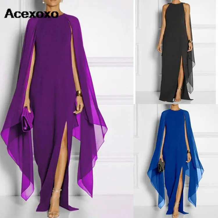 

Europe and the United States spring and summer new chiffon sleeveless cape long evening dress