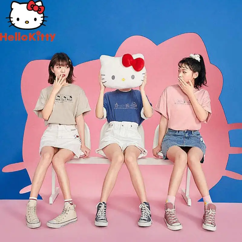 

Sanrio Hello Kitky New Short Sleeve T-Shirt Vintage Trend Printing Spring and Summer Fashion and Comfort Loose and Simple