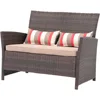 Outdoor Wicker Loveseat with Cushions, 2 Seater Patio PE Rattan Sofa with Lumbar Pillows, Brown Wicker & Beige Cushions 1
