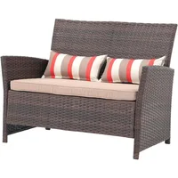 Outdoor Wicker Loveseat with Cushions, 2 Seater Patio PE Rattan Sofa with Lumbar Pillows, Brown Wicker & Beige Cushions 1