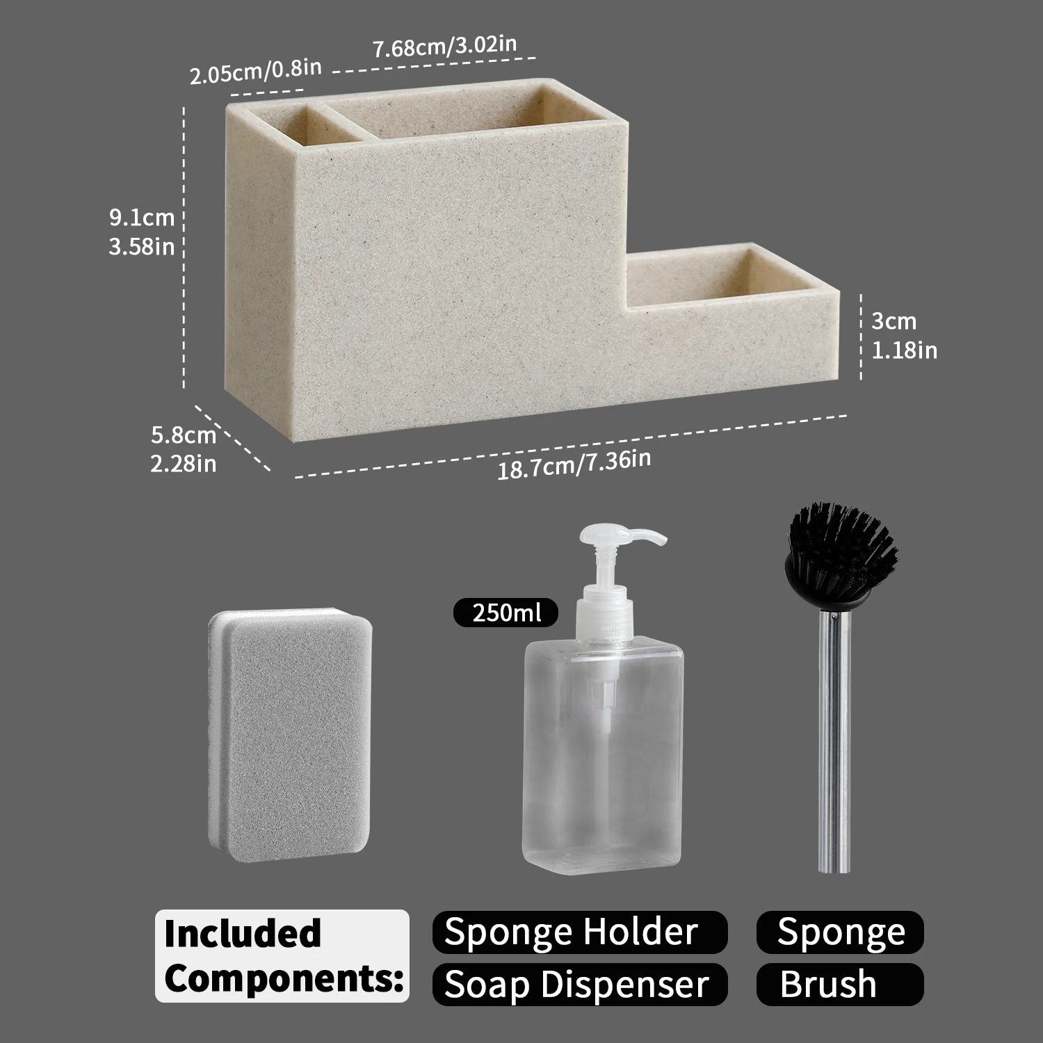 Kitchen Sink Organizer with Sponge and Brush Holder, Soap Dispenser, and Storage Compartments
