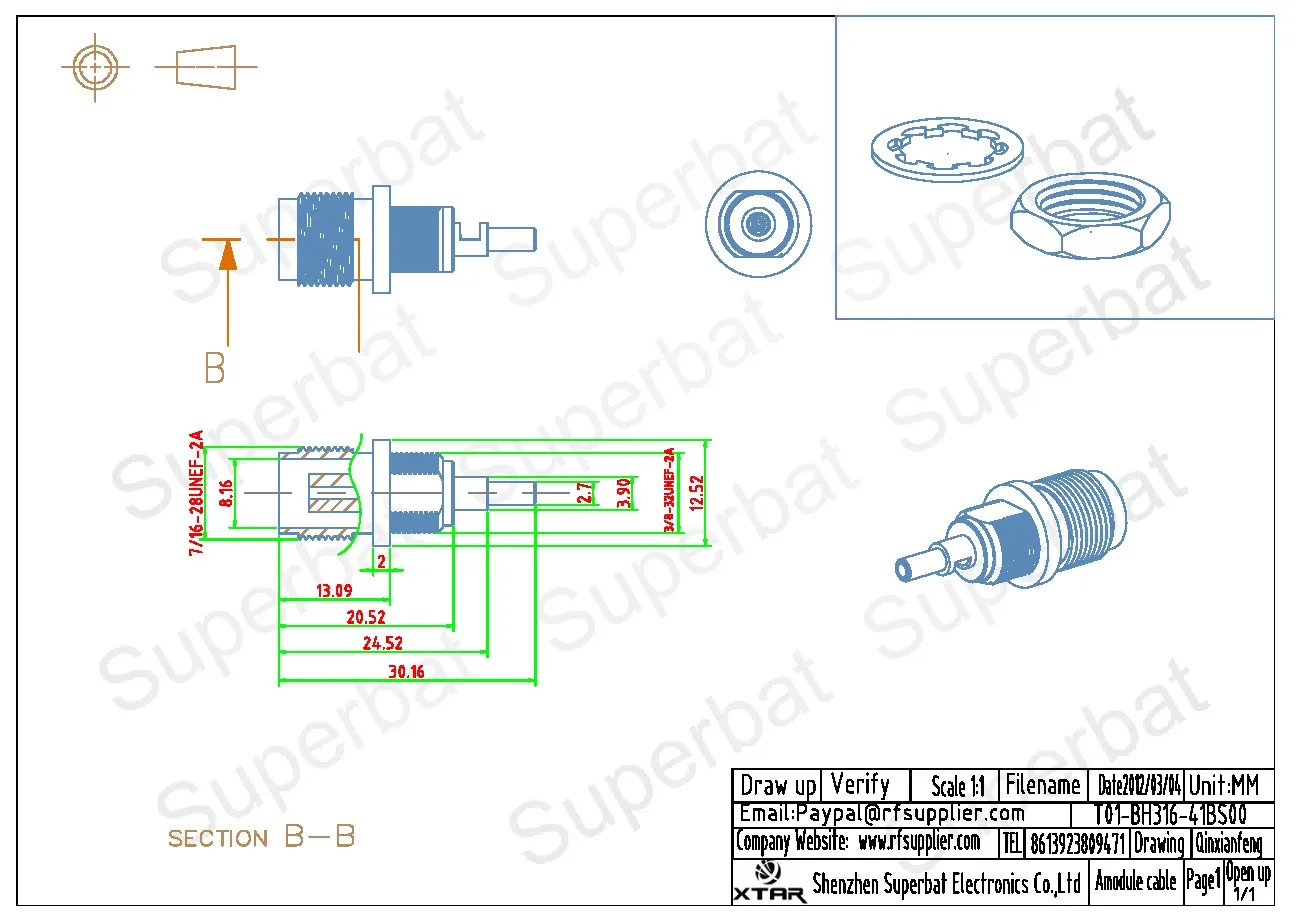 TNC Crimp Female Bulkhead RF Coaxial Connector for RG174 Cable
