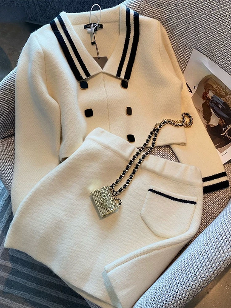 

Short Cardigan Double Breasted Jacket Elegant Winter Woolen Coat Hip Mini Skirt Pocket Two Piece Sets Dress Suits Knitwear