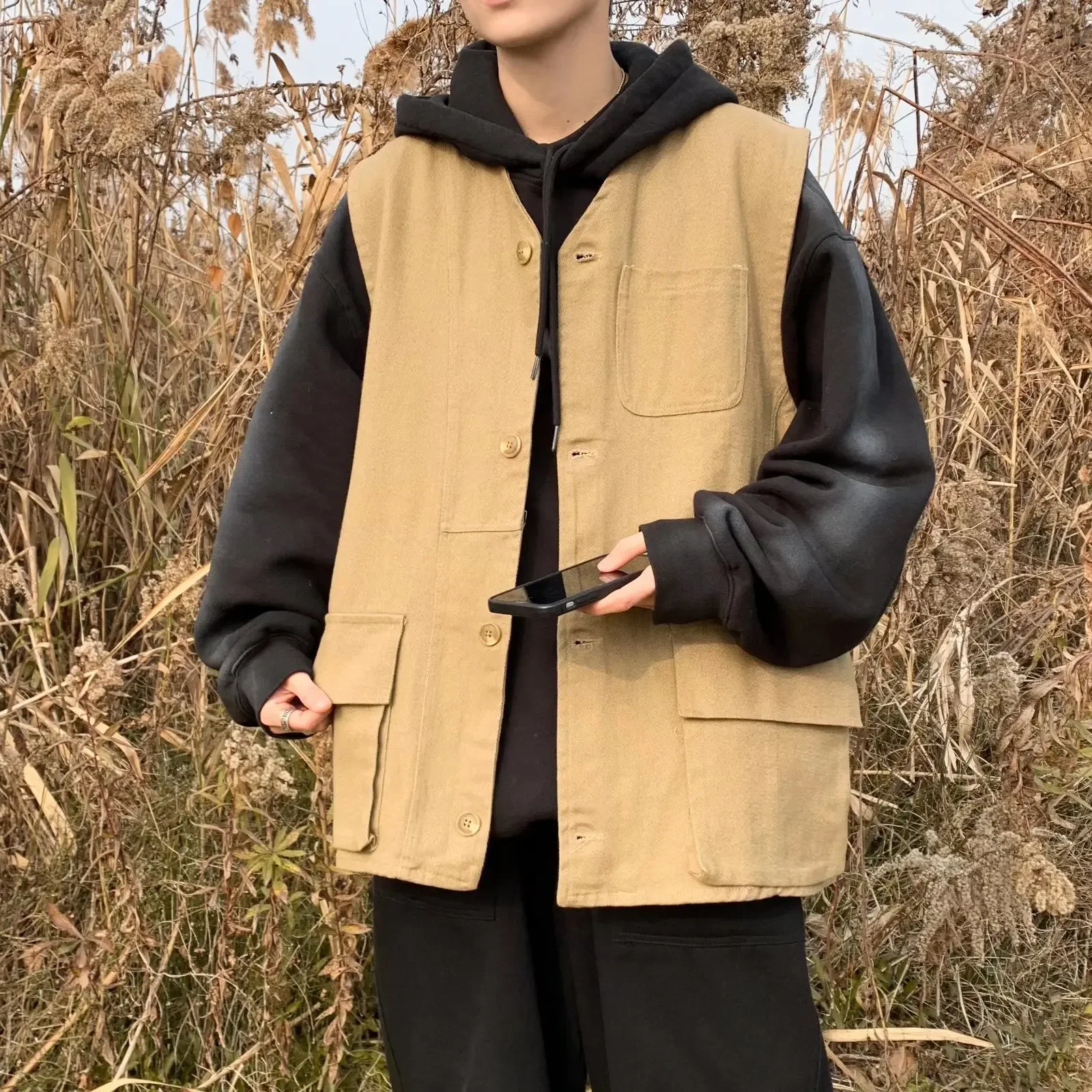 Spring Autumn New Solid Color Motorcycle Rider Vest Hong Kong Style Simple Trendy Student Wear One Piece Agent