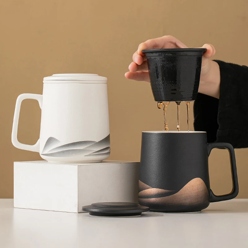 Creative Ceramic Gradient Color Tea Cup, with Cover, Chinese Style Office Supplies, Handle, Tea Water Filter Separation Mug, 1Pc
