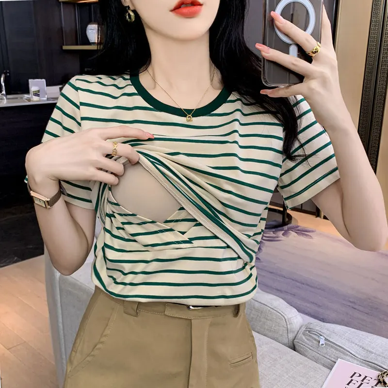 Short Sleeve O-Neck Maternity Cotton Nursing Tees Summer Striped Lactation Tops Postpartum Woman Breastfeeding T-Shirt Wholesale the vampire diaries teenager girls o neck short sleeve tee shirts summer fashion tshirts women harajuku t shirt o neck tees tops