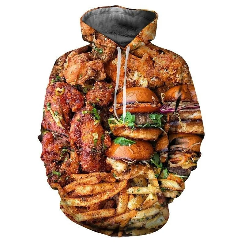thumbnail image 1 of Sudadera con capucha para hombre con estampado 3D de hamburguesas y patatas fritas, divertida sudadera informal de manga larga con estampado de comida rápida, sudadera holgada, 1 of 5