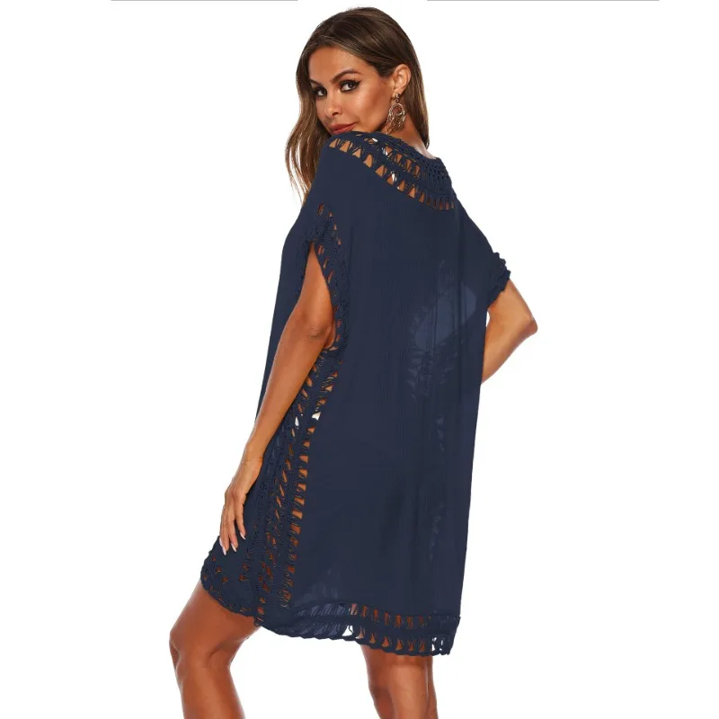 Resort style women's V-neck hand hook stitching cover-up 2024 summer popular sexy hollow loose beach cover-up dress
