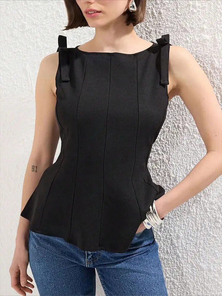 HH Women Elegant Solid Bow Cropped Tops Slim Sleeveless Off Shoulder Sexy Lady Tank Tops Fashion Casual Y2K Female Vest