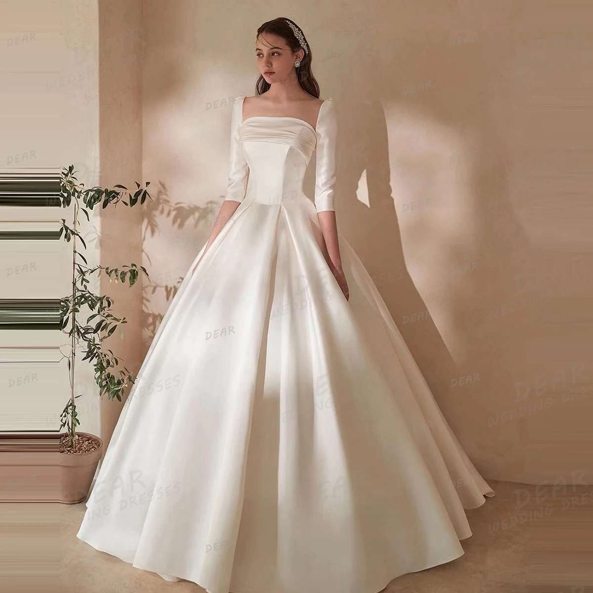 Luxury Square Collar Wedding Dresses Sexy A Line Princess Women's Bridal Gowns Half Sleeve Satin Customized Vestidos De Novia 3