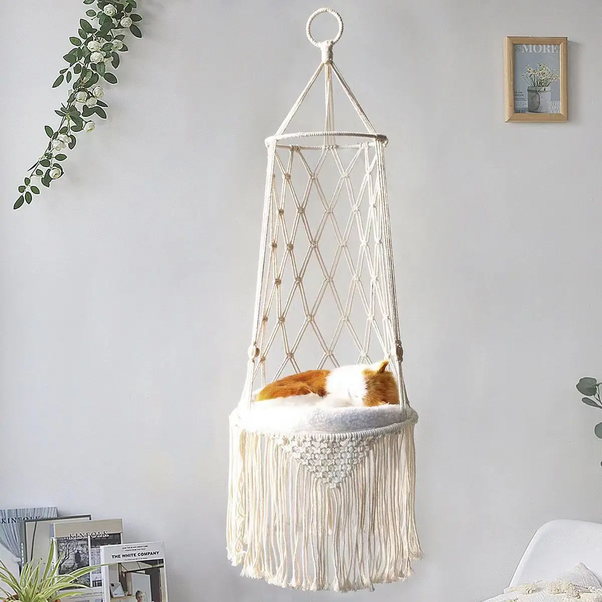 Winter Cat Window Perch, Cat Hammock for Wall with Hand Woven Ropes, Foldable Cat Beds for Indoor Cats Basket Swing Winter Cat Window Perch, Cat Hammock for Wall with Hand Woven Ropes, Foldable Cat Beds for Indoor Cats Basket Swing
