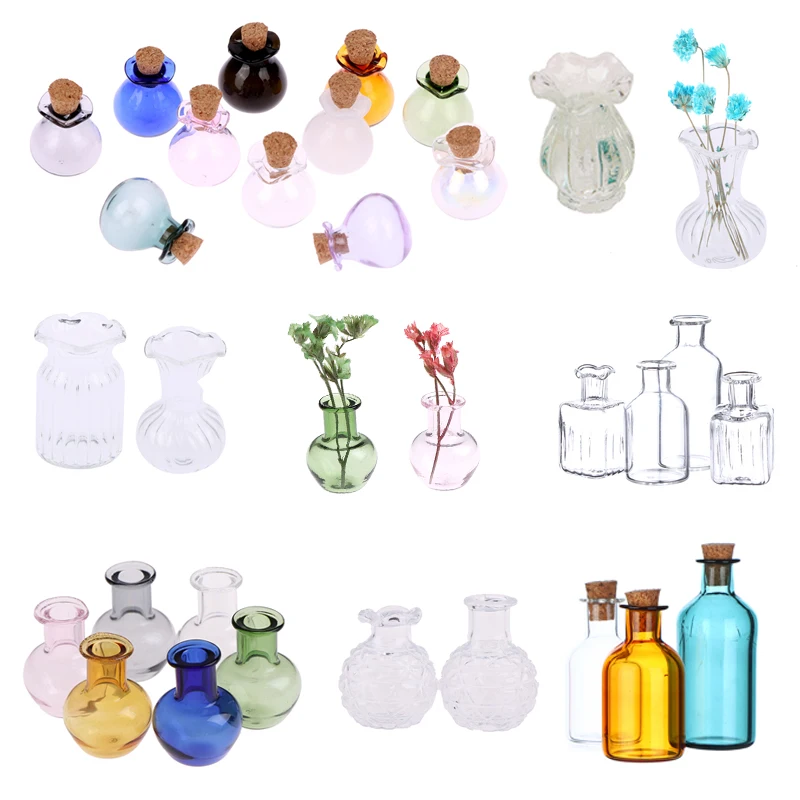 Botella de derrape en miniatura para casa de muñecas, florero de vidrio, florero colgante, decoración, muebles, juguetes, 1-2 piezas