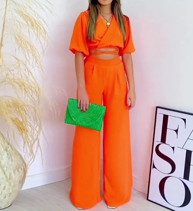 Женский комплект из двух предметов, однотонный топ с V-образным вырезом и коротким рукавом и свободные модные широкие брюки с высокой талией