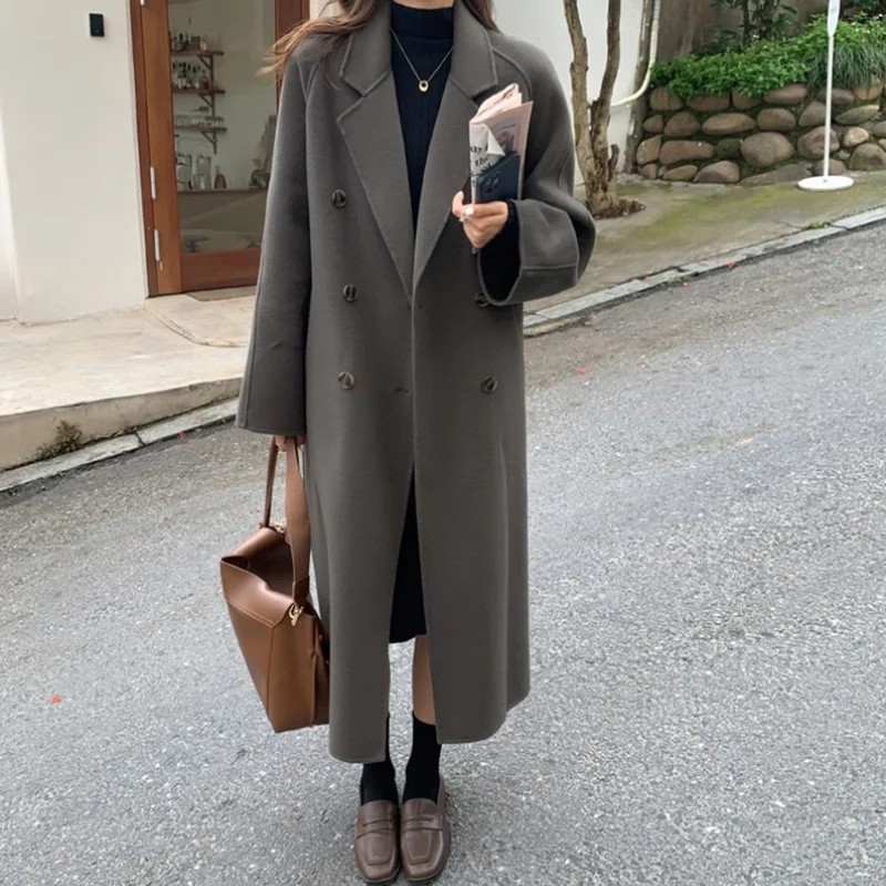 Women Double-Sided Cashmere Overcoat, Korean Belt, Double-Breasted, 100% Wool Windbreakers, Female Long Outwear, Autumn, Winter