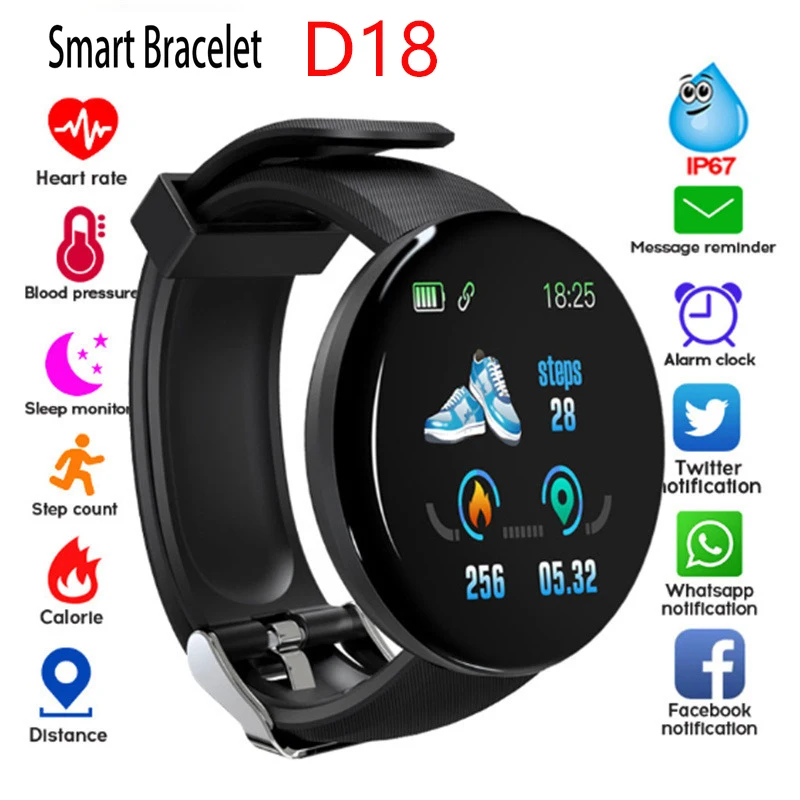 

D18 Smart Bracelet Color round Screen Heart Rate Blood Pressure Sleep Monitoring Pedometer Sports Fitness Smart Watch PK Y68 M5