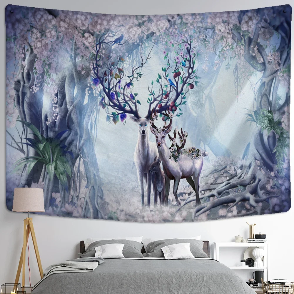 

Гобелен в скандинавском стиле с лесными оленями, настенный фон, фантастическое звездное небо, хиппи, богемный психоделический таинственный Декор для дома