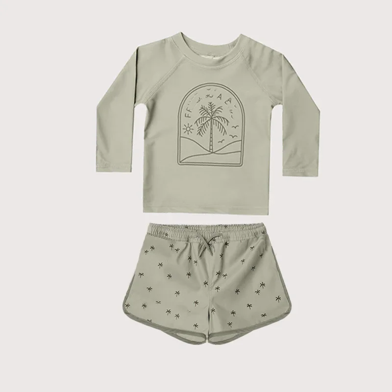 Baby Boy Swimwear Cute Print Round Collar Long Sleeve Top+Elastic Waist Shorts Kid Split Swimsuit Sunscreen Beach Clothes E23296