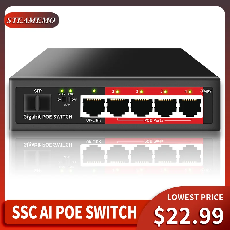 STEAMEMO Gigabit 4 Port PoE Switch 48V Built-in Power 52W Ethernet