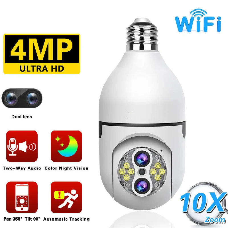 4MP E27 Bulb Camera Dual Lens 10X Zoom Auto Tracking Wifi Surveillance Camera Indoor Security Wireless IP Camera Baby Monitor