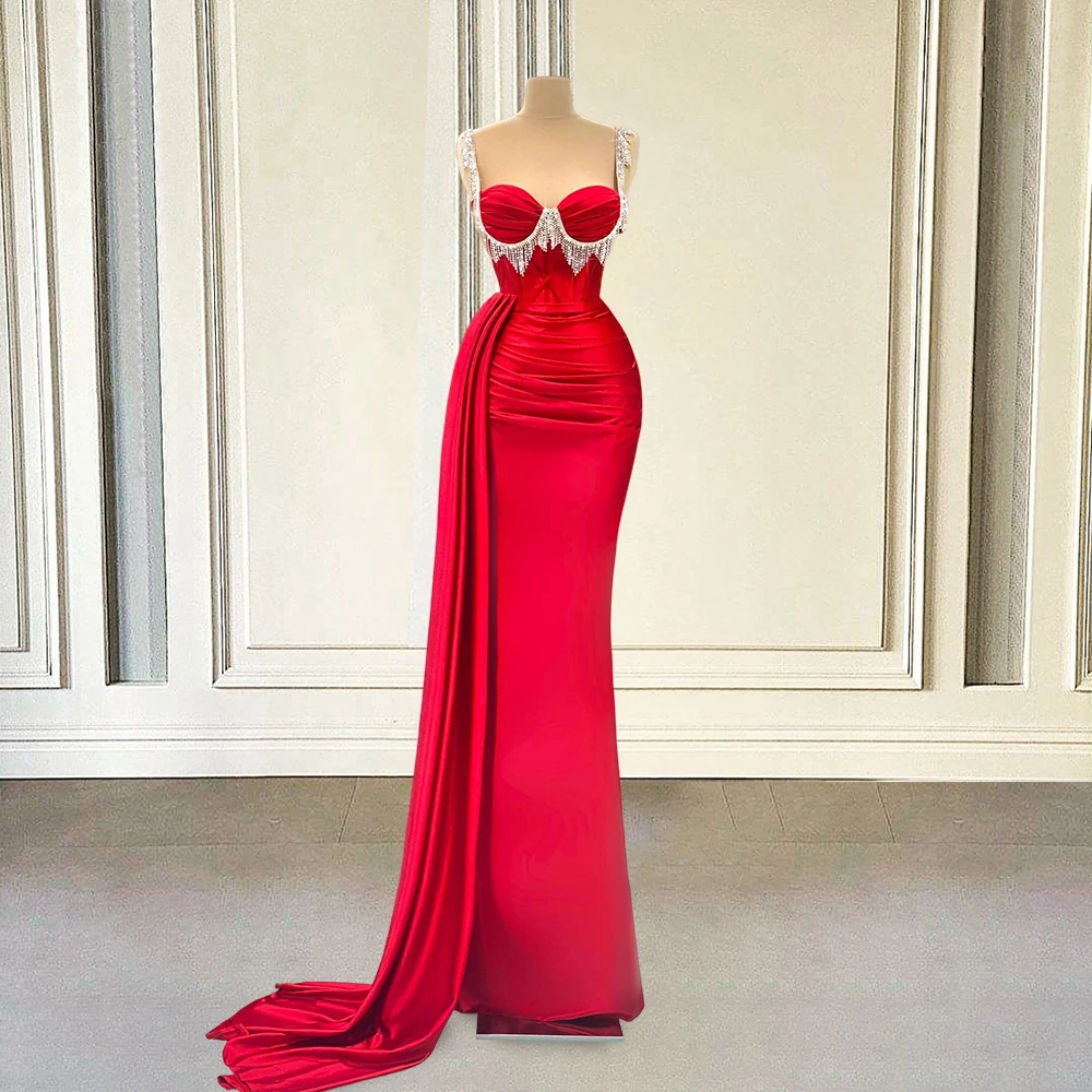 

Red Mermaid Long Prom Dresses for Graduation Party 2022 Sweetheart Beaded Crystals Pleat wth Train Women Formal Evening Gowns