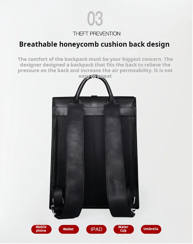 حقيبة ظهر عصرية من جلد البقر الطبيعي متعددة الاستخدامات للرجال، حقيبة أعمال أنيقة بحمالتين للكتف باللون الأسود