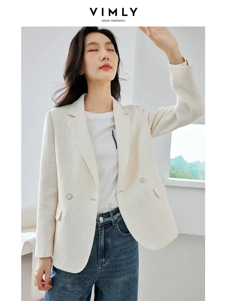 Vimly Apricot Tweed Blazers Autumn Jacket Woman 2023 Elegant Outerwear Notched Double Breasted Long Sleeve Female Coat M2921