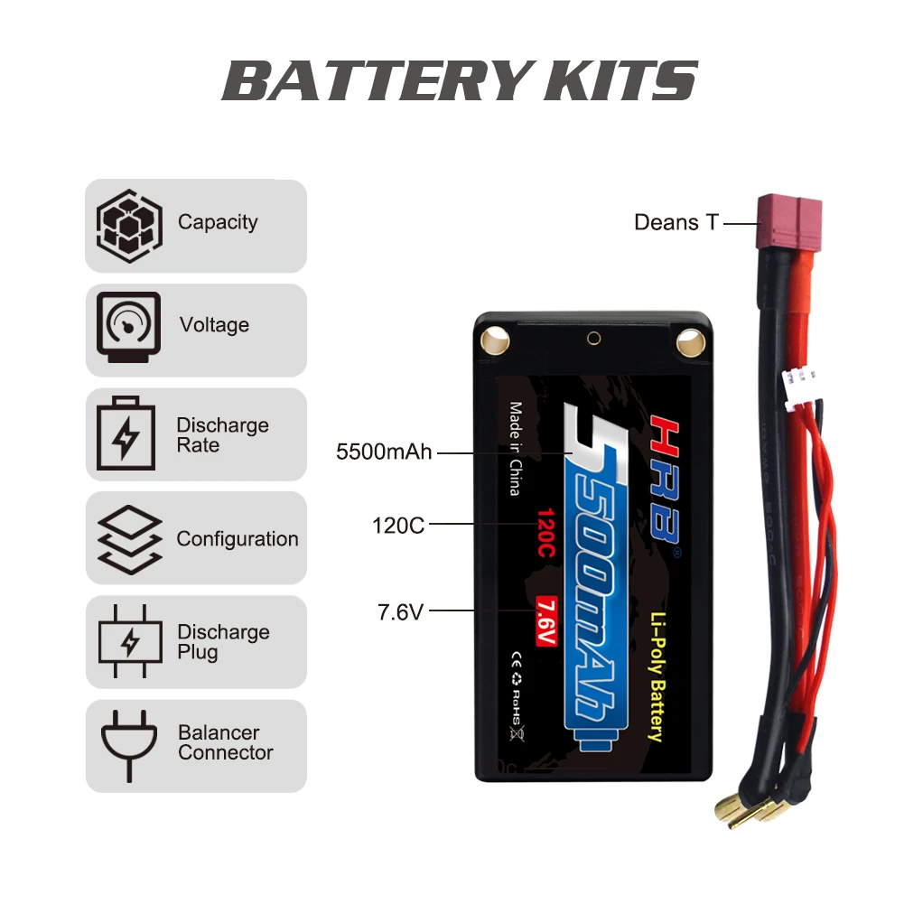 HRB 2S 7.6V 5500mah Hard Case Lipo Battery, BATTERY KITS Capacity Deans Voltage Discharge 8 Rate 5500