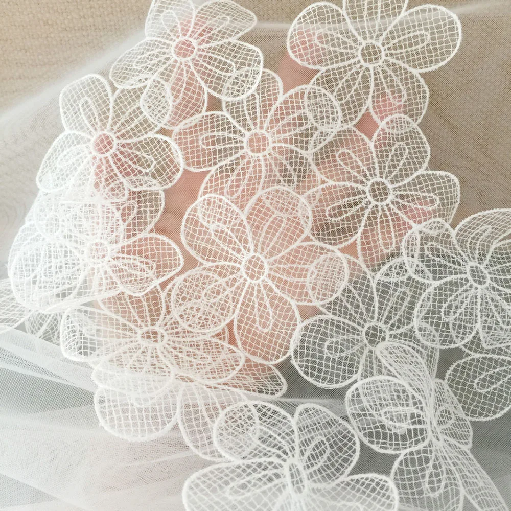 5Pcs White Flowers Mesh Patch Handmade Sewing Material Repair Application 7CM Wide