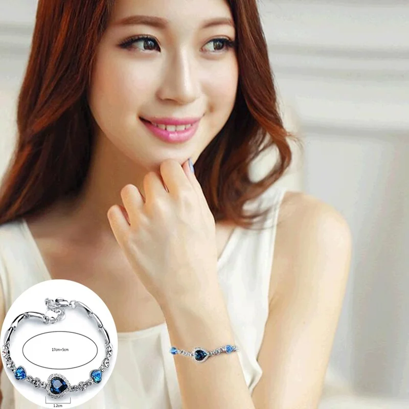 Womens Ladies Crystal Rhinestone Bangle Ocean Blue Bracelet Chain Heart Jewelry Party Gifts Peach Heart Bracelet fashion bracelet,fashion jewelry